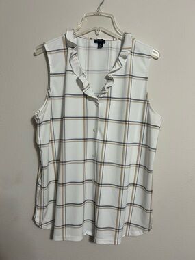 Ann Taylor Factory Cream Plaid Ruffle Collar Sleeveless Blouse